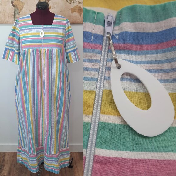 Vtg 80s pastel striped house robe - Collections Etc. brand